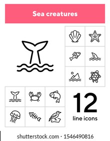 Sea creatures line icon set. Set of line icons on white background. Maritime concept. Shell, turtle, fish, whale. Vector illustration can be used for topics like sea, ocean
