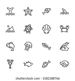 Sea creatures line icon set. Set of line icons on white background. Maritime concept. Shell, turtle, fish, whale. Vector illustration can be used for topics like sea, ocean