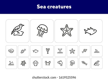 Sea creatures line icon set. Set of line icons on white background. Maritime concept. Shell, turtle, fish, whale. Vector illustration can be used for topics like sea, ocean