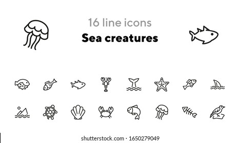 Sea creatures line icon set. Set of line icons on white background. Maritime concept. Shell, turtle, fish, whale. Vector illustration can be used for topics like sea, ocean