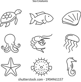 Sea creatures line icon set. Set of line icons on white background. Maritime concept. Shell, turtle, fish, whale. Vector illustration can be used for topics like sea.