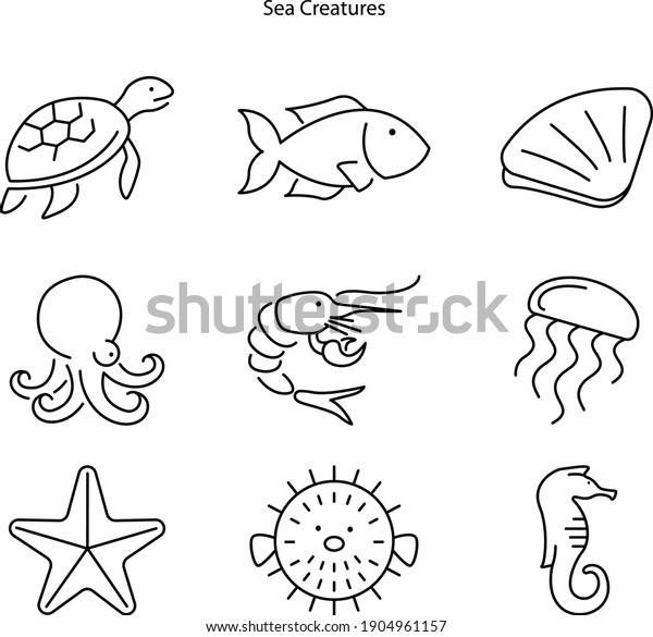 Sea creatures line icon\
set. Set of line icons on white background. Maritime concept.\
Shell, turtle, fish, whale. Vector illustration can be used for\
topics like sea.