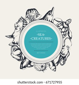 Sea Creatures - modern vector hand drawn banner template with copy space. Realistic turtle, dolphin, killer whale, cowfish, fur seal, sea bear, jellyfish, octopus, ray, seahorse, herring, swellfish