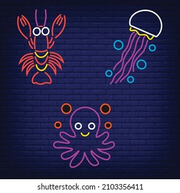 Sea creatures. Neon crabs. Octopus. Neon mermaid