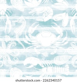 Sea creatures on blue watercolor background. Seamless vector pattern. Perfect for wallpaper, wrapping, fabric and textile. 