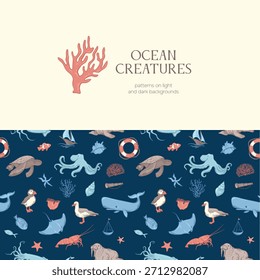 Criaturas marinas sobre un fondo oscuro que representan animales submarinos. Patrón sin fisuras. Artículos para viajes por mar. Habitantes marinos y oceánicos del mundo submarino en contorno y color. Boceto de plantas marinas