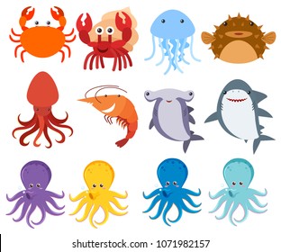 Sea Creatures on White Backgriund illustration