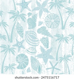 Sea creatures and palm trees on mosaic background. Art sea background. Seamless vector pattern. Perfect for design templates, wallpaper, wrapping, fabric, print and textile.