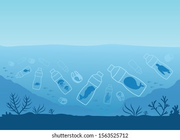 Sea Creatures Are In Plastic Waste. Plastic Bottles And Plastic Bags Are Harmful To Animals And The Environment Under The Sea.