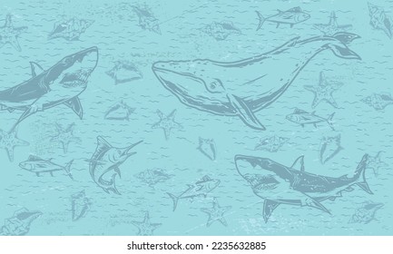 Sea creatures poster monochrome big whales and dangerous sharks swim in ocean among small fish and shells vector illustration