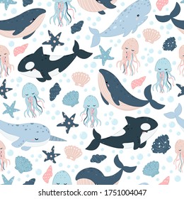 Sea creatures repeat pattern. Nursery art background. Children's fabric pattern design