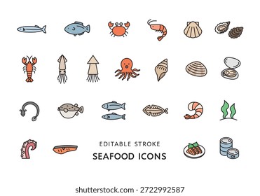 Conjunto de iconos de criaturas marinas y mariscos