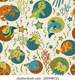 Sea creatures seamless pattern. Childish background. Holiday design. Vector illustration.