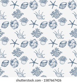 Sea Creatures Seamless Pattern. Ocean Animals Hand Drawn Vector Surface Texture. Summer Textile and Wrapping Paper Background Template.