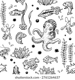 Sea creatures seamless pattern with octopus, fish, squid, crab, shrimp, oyster, urchin, mollusk, seashell, crawfish, coral, seaweed and water bubbles. Inked sketchy style. Black and white. Colored page background.  