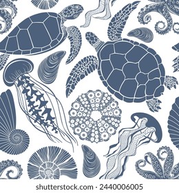 Sea creatures. Seamless pattern on the marine theme with turtles, jellyfish, underwater plants,octopus, sea ​​urchin, seashells on white. Hand drawn vector illustration. 