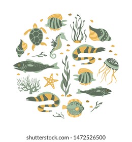 Sea Creatures Seamless Pattern of Round Shape, Underwater Life, Marine Fishes Vector Illustration