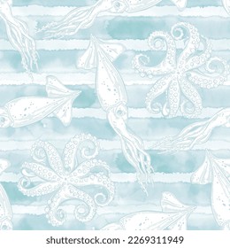 Sea creatures. Seamless pattern with squids and octopuses on blue watercolor background.  Hand drawn vector illustration. Perfect for wallpaper, wrapping, fabric and textile. Monochrome.