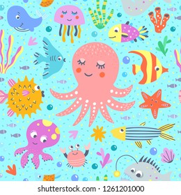 Sea creatures seamless pattern. Vector background with fishes, octopus, starfish and other underwater animals