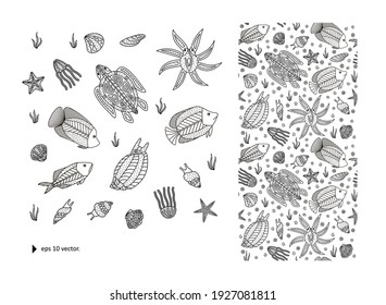 Sea creatures + seamless texture + pattern. Abstract composition for your design - banners, posters, placards, brochures, flyers etc. Eps10 vector template set.