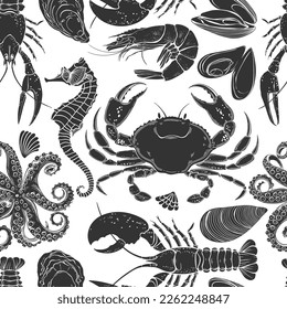 Sea creatures. Seamless vector pattern. Black and white. Perfect for wallpaper, wrapping, fabric and textile. 