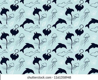 Sea creatures and seashells blue pattern vector