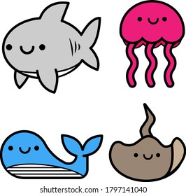 Sea creatures set of 4 cute underwater smiling animals shark, jellyfish, stingray and a whale