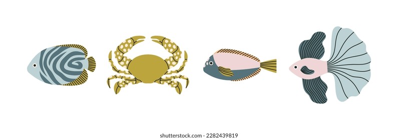 Sea creatures set - crab and fish. Underwater and sea life concept. Hand draw vector illustrations isolated on white background. Cute design in pastel colors. For prints, typographic and web design.