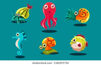 Sea creatures set, cute funny animals and fishes characters, seahorse, snail, cuttlefish, puffer fish, hermit crab vector Illustration