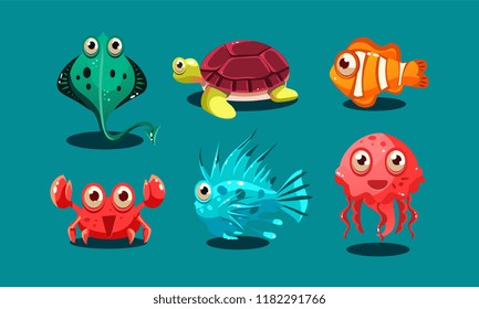 Sea creatures set, cute funny animals and fishes characters, octopus, flounder, jellyfish, clown fish, turtle and medusa vector Illustration