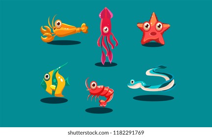 Sea creatures set, cute funny animals and fishes characters, squid, starfish, shrimp, lobster, zebrasoma fish, eel vector Illustration