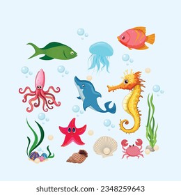 sea creatures, set of different sea animals with plants and water, marine animals, aquatic animals vector set, underwater world