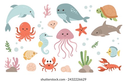 Sea creatures set isolated on white background. Sea animals and fishes. Marine elements. Cute flat style.