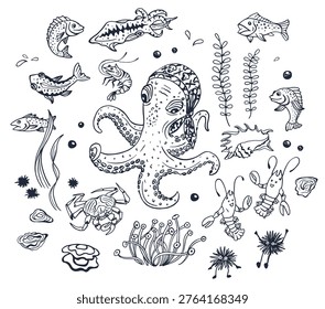 Sea creatures set, octopus, crab, shrimp, oyster, crawfish, fish, squid, urchin, mollusk, seashell, coral, seaweed, water bubbles. Inked sketchy style. Black and white. Colored page illustration. 