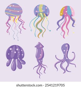 Conjunto de criaturas marinas pulpo arte de Ilustración vectorial