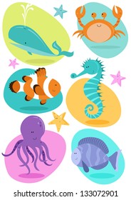 Sea Creatures Set of six fun character sea creatures including crab, octopus, seahorse, clown fish, whale, tropical fish.