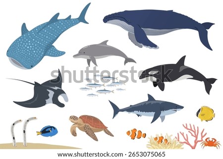Sea creatures set vector illustration