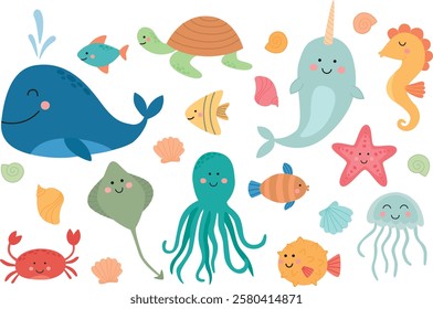 Sea creatures and shells isolated on a white background. Set of cute characters living under water