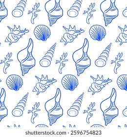 Sea creatures, sea shells, seamless pattern, outline vector illustrations, sea background