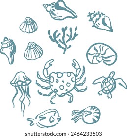 Sea creatures simple outline ink sketches