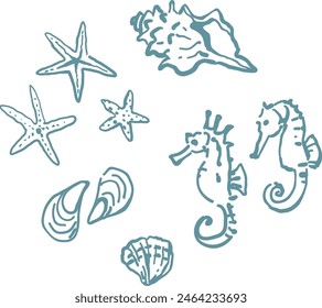 Sea creatures simple outline ink sketches