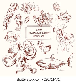 Sea creatures sketch decorative icons set isolated vector illustration