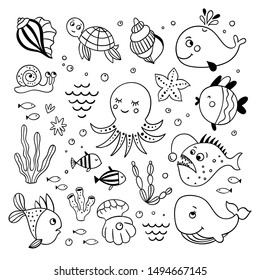 Sea creatures and underwater animals vector illustrations. Hand drawn fishes, octopus, turtle, sea shells, plants