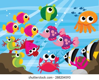 Sea creatures in a underwater scene vector illustration.