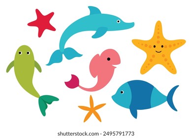 Sea Creatures Vector Art: Fish, Starfish, Seashells, Dolphins, Seahorses | Cartoon, Clipart, Line Art Illustrations for Print