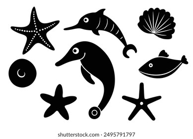 Sea Creatures Vector Art: Fish, Starfish, Seashells, Dolphins, Seahorses | Cartoon, Clipart, Line Art Illustrations for Print