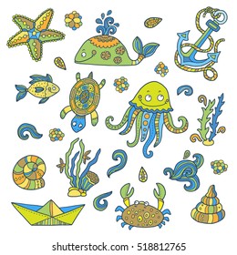 Sea Creatures vector illustration set, objects isolated on white.