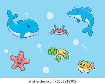 Sea creatures vector on the blue background