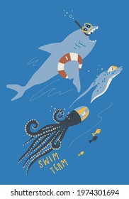 Sea creatures vector print design for kids