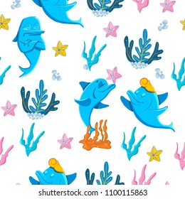 Sea creatures vector seamless pattern.
